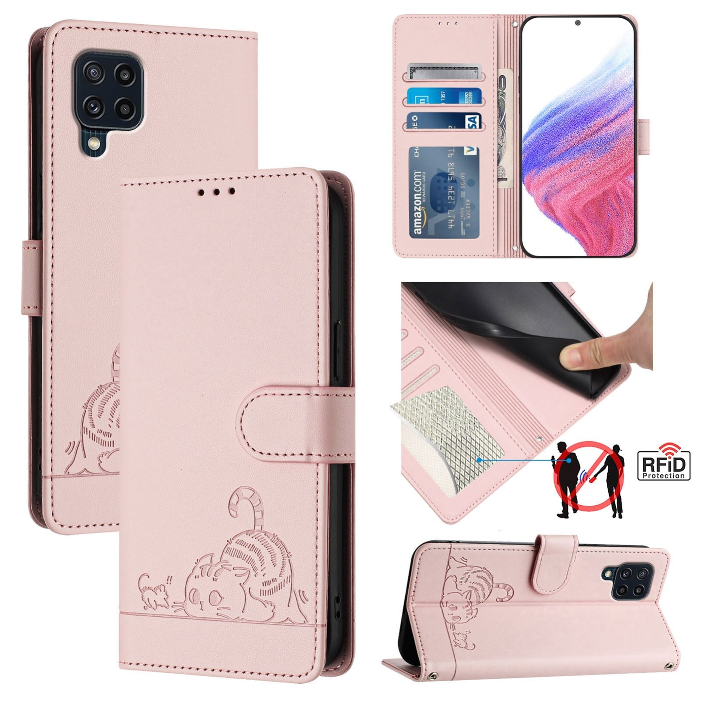 Samsung Galaxy M32 4G Global Cat and Rat Embossed Pattern, RFID Leather Phone Case with Lanyard, Kickstand, and Wallet Features