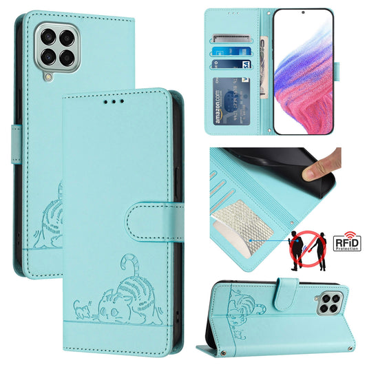 Samsung Galaxy M33 5G Global Cat and Rat Embossed Pattern, RFID Leather Phone Case with Lanyard, Kickstand, and Wallet Features