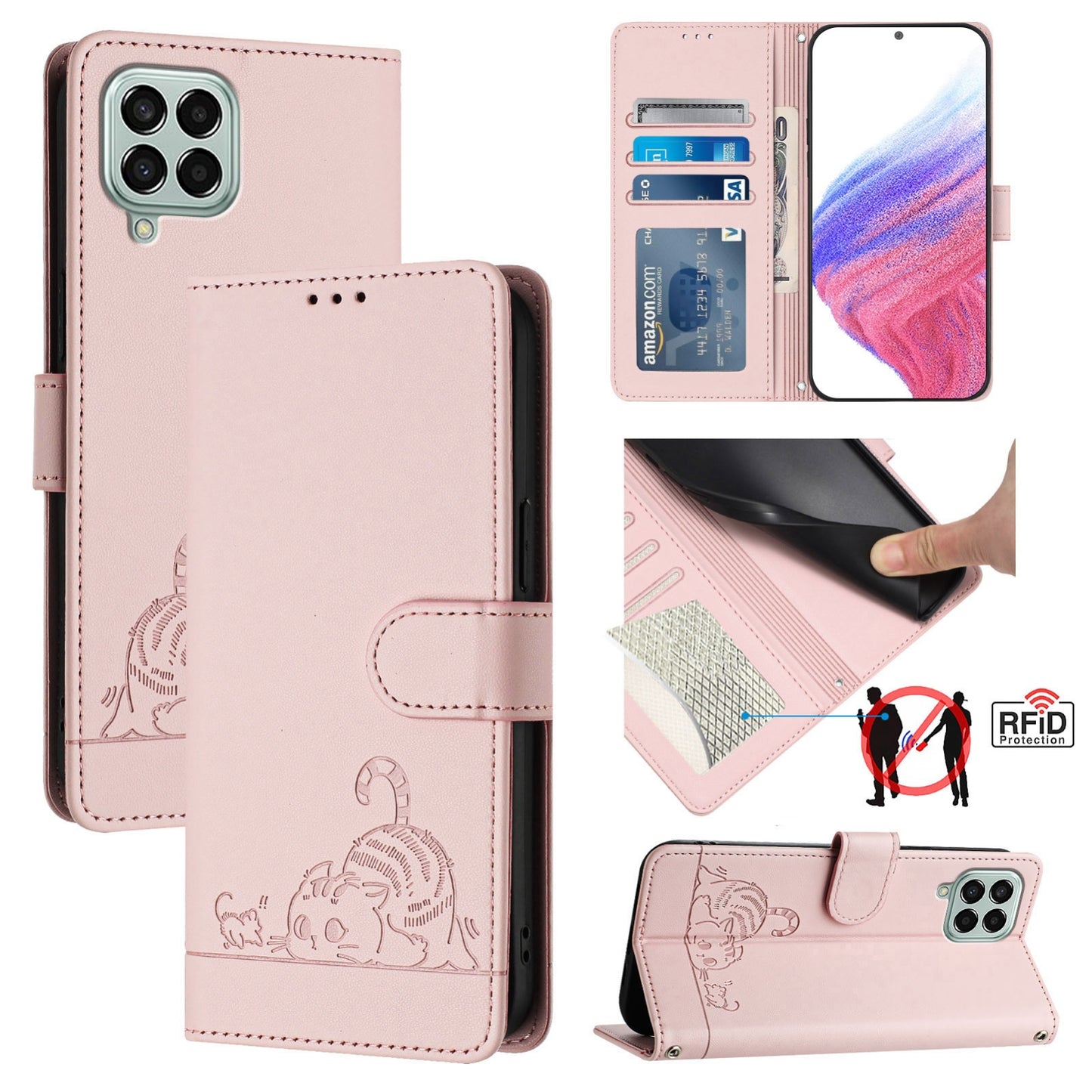 Samsung Galaxy M33 5G Global Cat and Rat Embossed Pattern, RFID Leather Phone Case with Lanyard, Kickstand, and Wallet Features