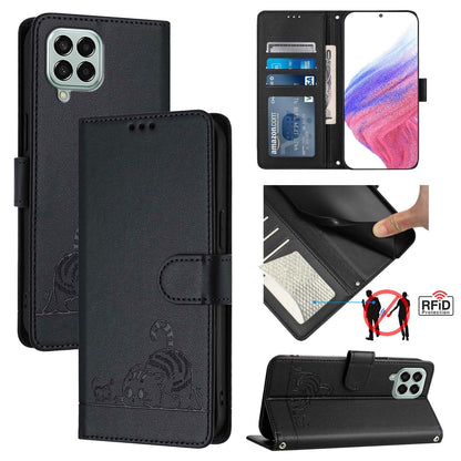 Samsung Galaxy M33 5G Global Cat and Rat Embossed Pattern, RFID Leather Phone Case with Lanyard, Kickstand, and Wallet Features