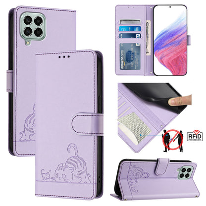 Samsung Galaxy M33 5G Global Cat and Rat Embossed Pattern, RFID Leather Phone Case with Lanyard, Kickstand, and Wallet Features