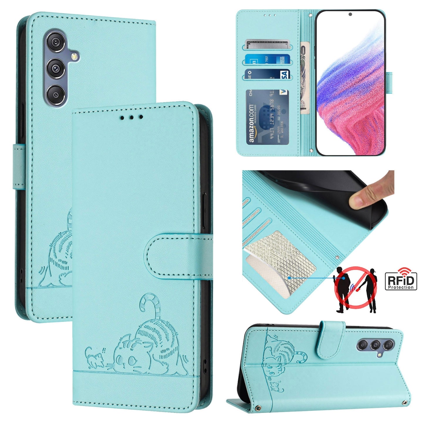 Samsung Galaxy M34 5G Cat and Rat Embossed Pattern, RFID Leather Phone Case with Lanyard, Kickstand, and Wallet Features