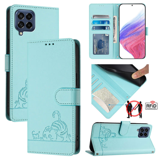 Samsung Galaxy M53 5G Cat and Rat Embossed Pattern, RFID Leather Phone Case with Lanyard, Kickstand, and Wallet Features