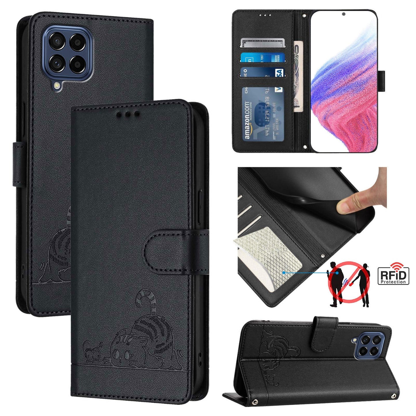 Samsung Galaxy M53 5G Cat and Rat Embossed Pattern, RFID Leather Phone Case with Lanyard, Kickstand, and Wallet Features