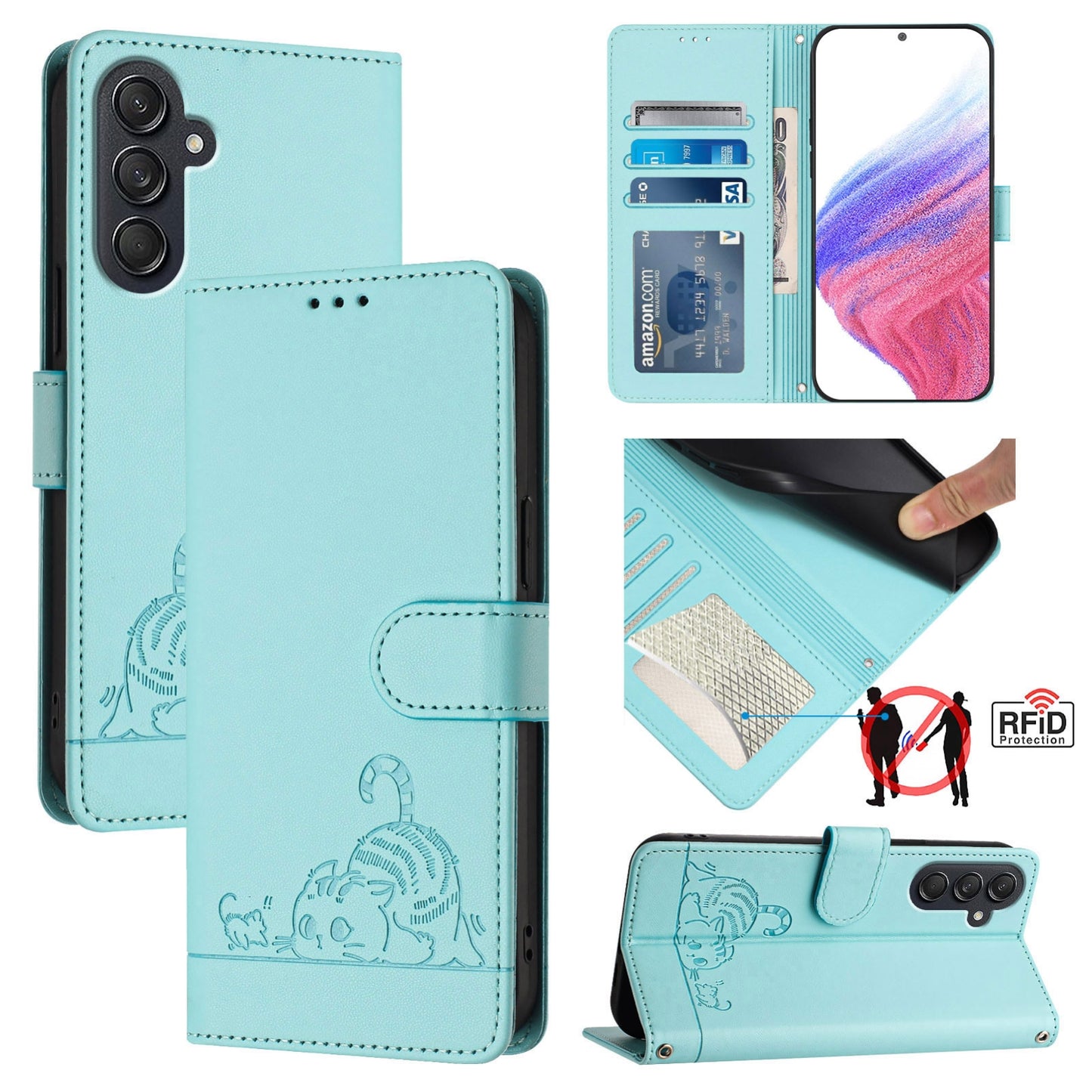 Samsung Galaxy M55 Cat and Rat Embossed Pattern, RFID Leather Phone Case with Lanyard, Kickstand, and Wallet Features