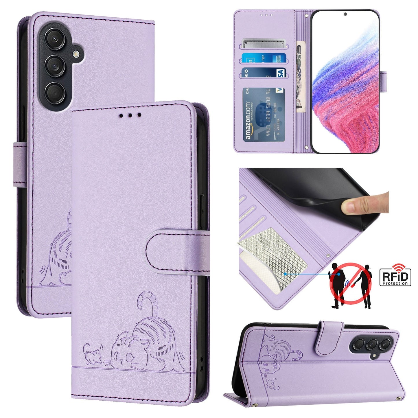 Samsung Galaxy M55 Cat and Rat Embossed Pattern, RFID Leather Phone Case with Lanyard, Kickstand, and Wallet Features