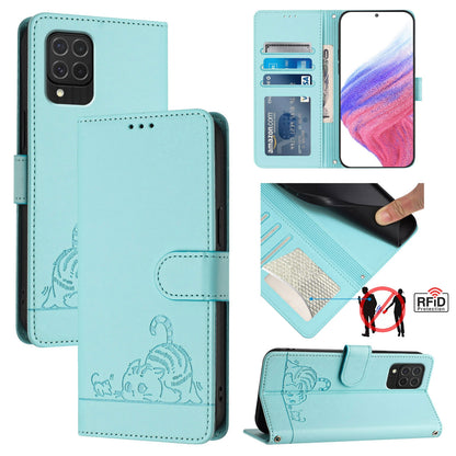 Samsung Galaxy M62 Cat and Rat Embossed Pattern, RFID Leather Phone Case with Lanyard, Kickstand, and Wallet Features