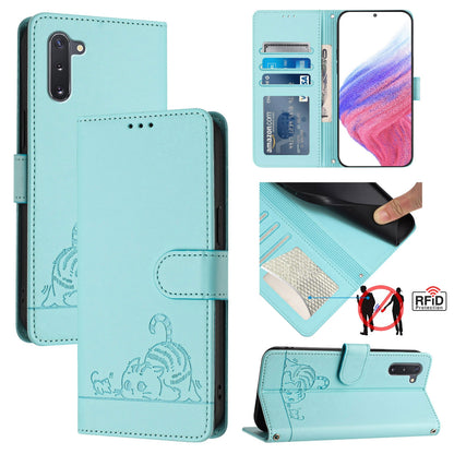 Samsung Galaxy Note 10 Cat and Rat Embossed Pattern, RFID Leather Phone Case with Lanyard, Kickstand, and Wallet Features