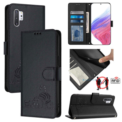 Samsung Galaxy Note 10+ Cat and Rat Embossed Pattern, RFID Leather Phone Case with Lanyard, Kickstand, and Wallet Features