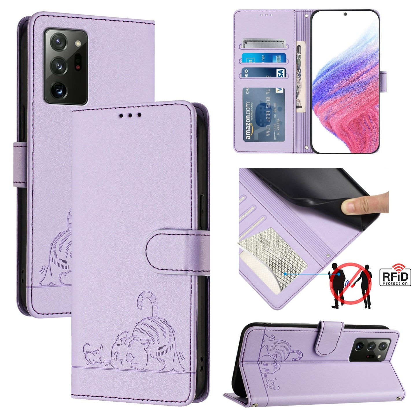 Samsung Galaxy Note 20 Cat and Rat Embossed Pattern, RFID Leather Phone Case with Lanyard, Kickstand, and Wallet Features