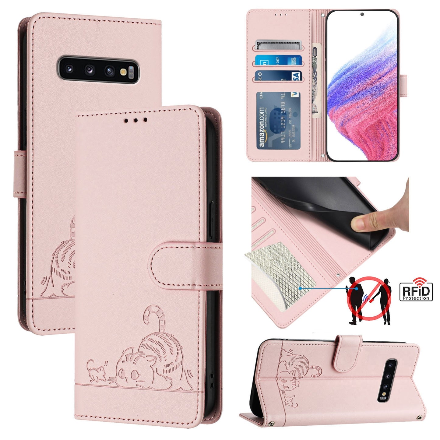 Samsung Galaxy S10 Cat and Rat Embossed Pattern, RFID Leather Phone Case with Lanyard, Kickstand, and Wallet Features