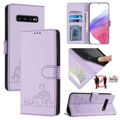 Samsung Galaxy S10 Cat and Rat Embossed Pattern, RFID Leather Phone Case with Lanyard, Kickstand, and Wallet Features