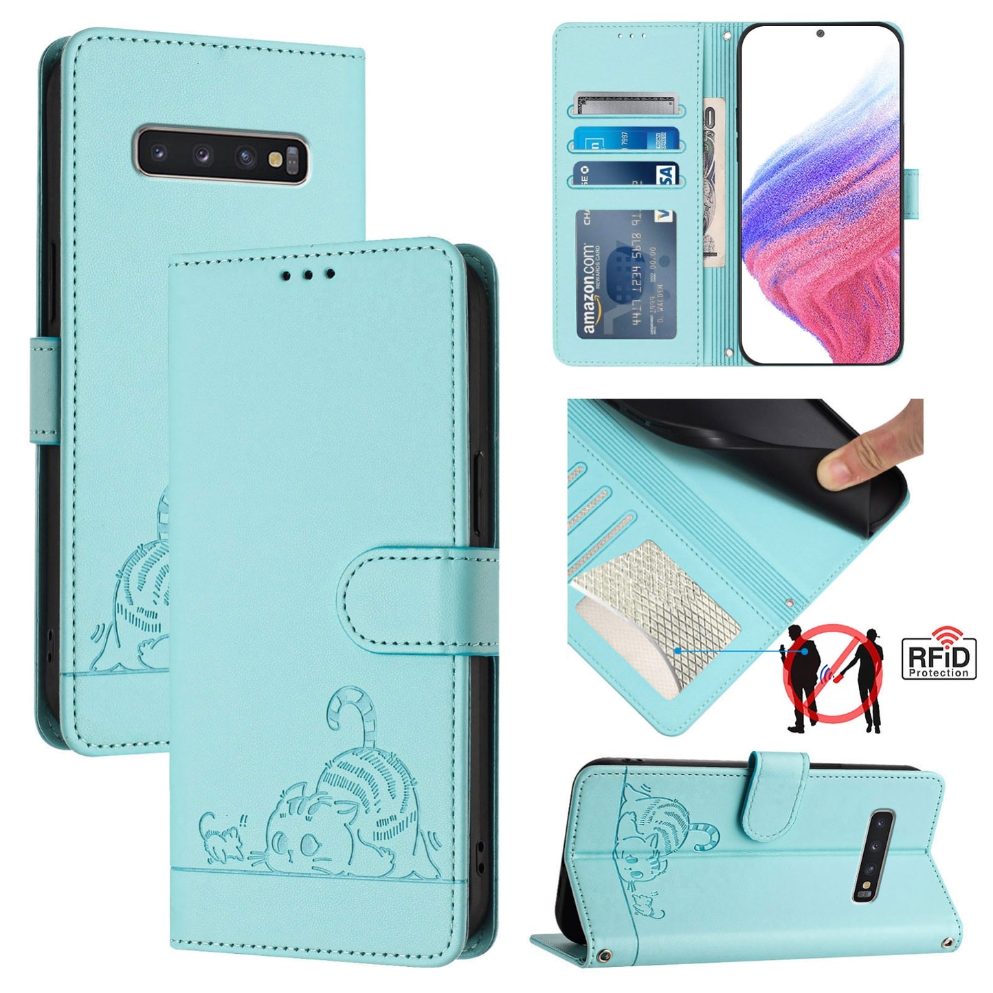 Samsung Galaxy S10+ Cat and Rat Embossed Pattern, RFID Leather Phone Case with Lanyard, Kickstand, and Wallet Features