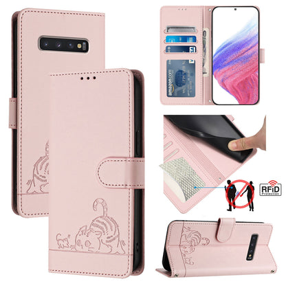 Samsung Galaxy S10+ Cat and Rat Embossed Pattern, RFID Leather Phone Case with Lanyard, Kickstand, and Wallet Features