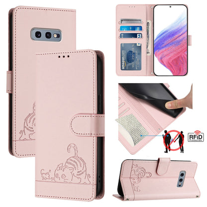 Samsung Galaxy S10e Cat and Rat Embossed Pattern, RFID Leather Phone Case with Lanyard, Kickstand, and Wallet Features