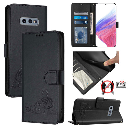 Samsung Galaxy S10e Cat and Rat Embossed Pattern, RFID Leather Phone Case with Lanyard, Kickstand, and Wallet Features