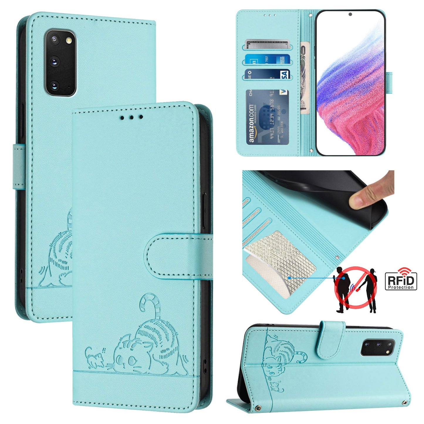 Samsung Galaxy S20 FE 4G Cat and Rat Embossed Pattern, RFID Leather Phone Case with Lanyard, Kickstand, and Wallet Features