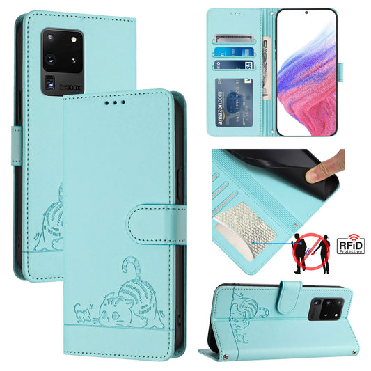 Samsung Galaxy S20 Ultra Cat and Rat Embossed Pattern, RFID Leather Phone Case with Lanyard, Kickstand, and Wallet Features