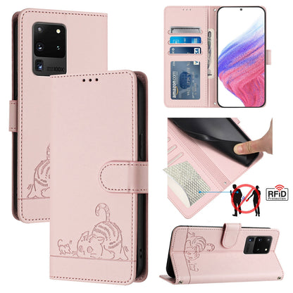 Samsung Galaxy S20 Ultra Cat and Rat Embossed Pattern, RFID Leather Phone Case with Lanyard, Kickstand, and Wallet Features