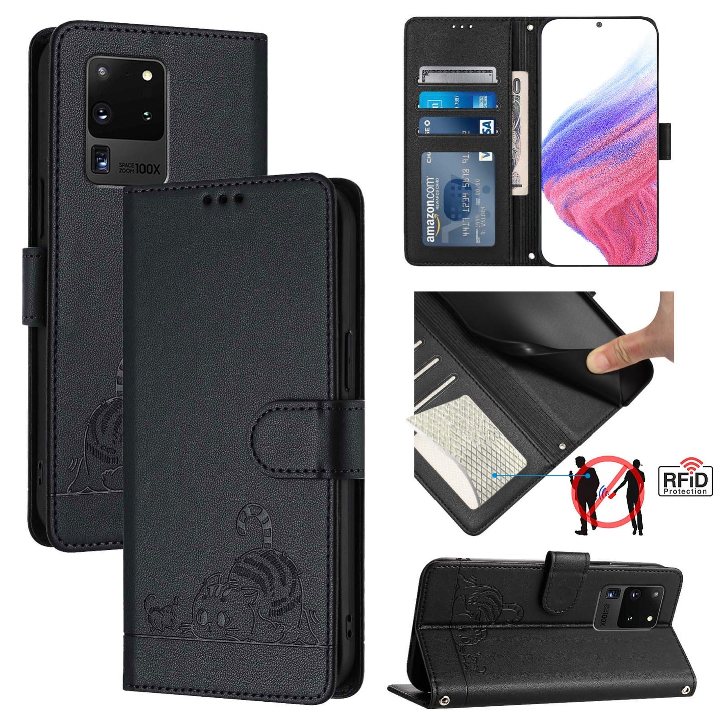 Samsung Galaxy S20 Ultra Cat and Rat Embossed Pattern, RFID Leather Phone Case with Lanyard, Kickstand, and Wallet Features