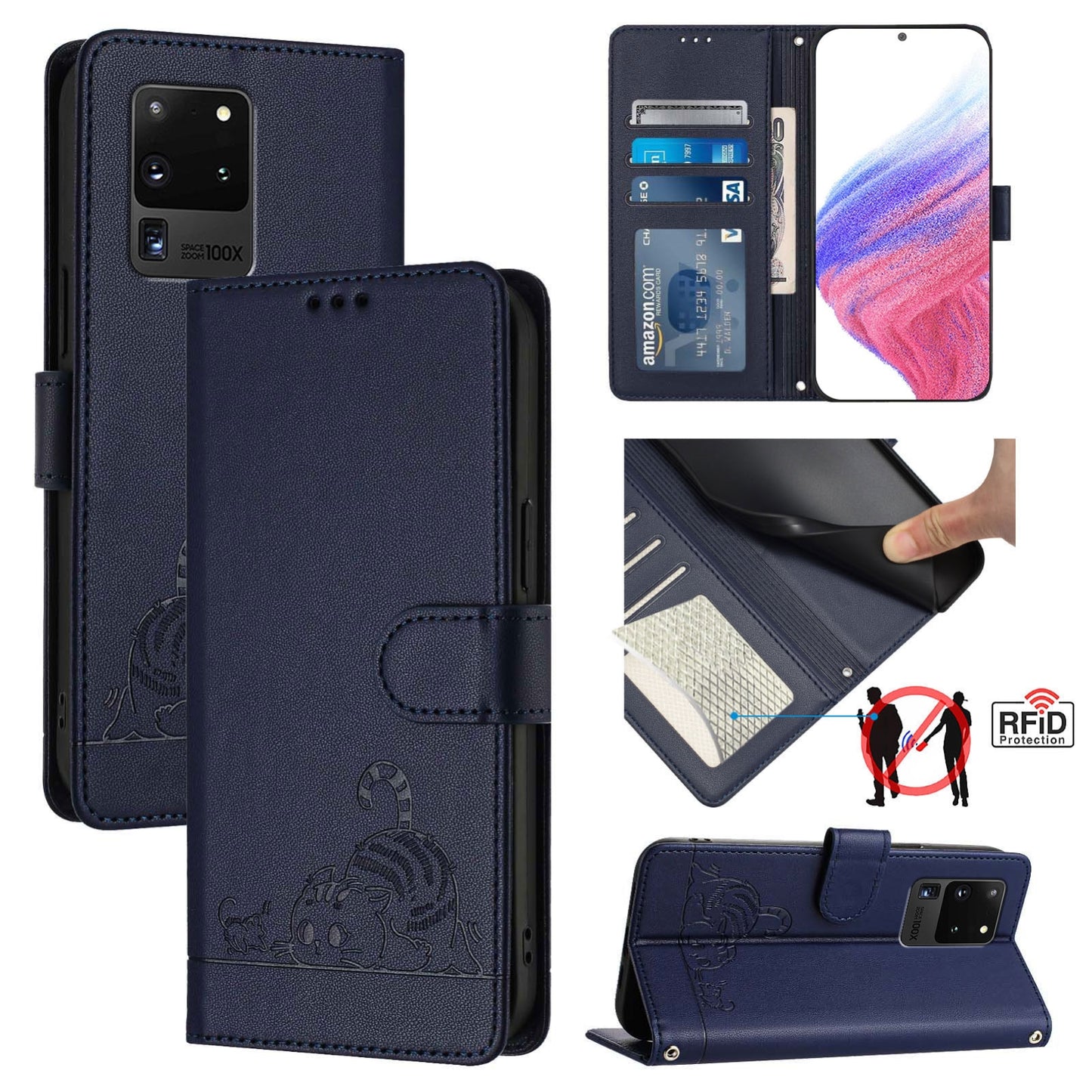 Samsung Galaxy S20 Ultra Cat and Rat Embossed Pattern, RFID Leather Phone Case with Lanyard, Kickstand, and Wallet Features