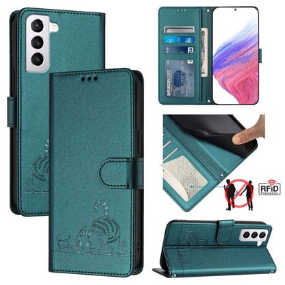 Samsung Galaxy S21 5G Cat and Rat Embossed Pattern, RFID Leather Phone Case with Lanyard, Kickstand, and Wallet Features