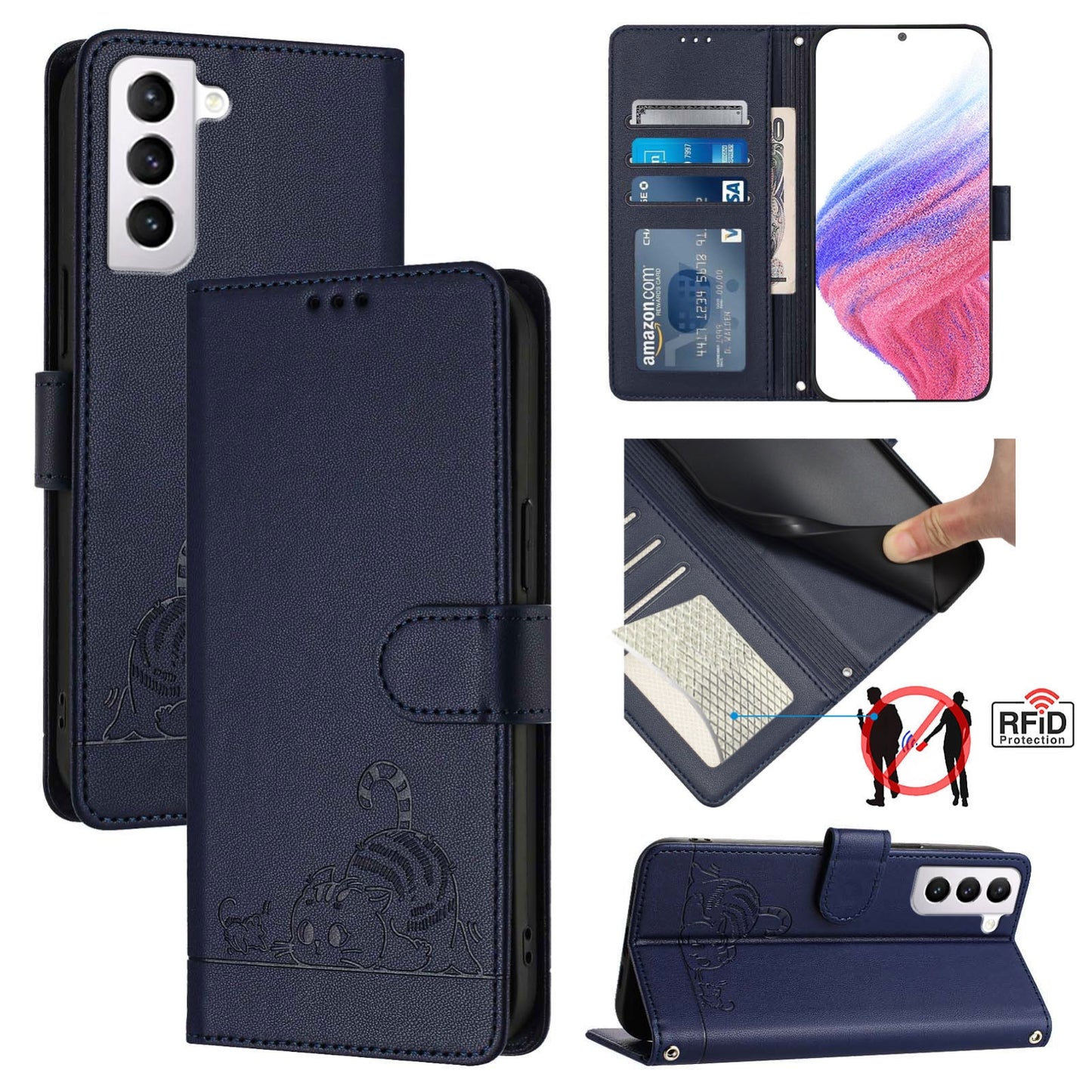 Samsung Galaxy S21 5G Cat and Rat Embossed Pattern, RFID Leather Phone Case with Lanyard, Kickstand, and Wallet Features