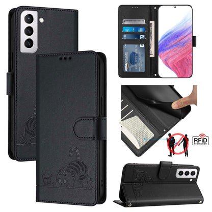 Samsung Galaxy S21 FE 5G Cat and Rat Embossed Pattern, RFID Leather Phone Case with Lanyard, Kickstand, and Wallet Features