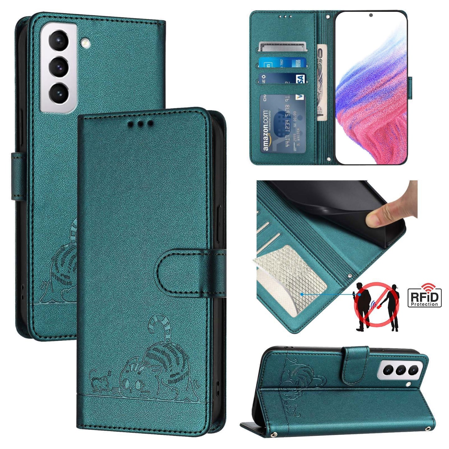 Samsung Galaxy S21 FE 5G Cat and Rat Embossed Pattern, RFID Leather Phone Case with Lanyard, Kickstand, and Wallet Features