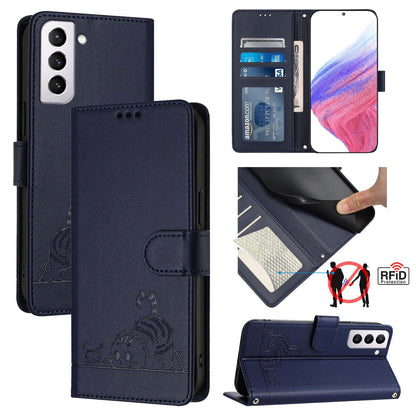 Samsung Galaxy S21 FE 5G Cat and Rat Embossed Pattern, RFID Leather Phone Case with Lanyard, Kickstand, and Wallet Features