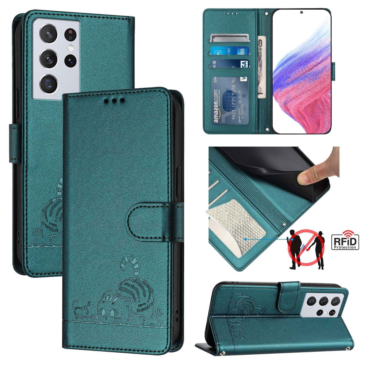 Samsung Galaxy S21 Ultra 5G Cat and Rat Embossed Pattern, RFID Leather Phone Case with Lanyard, Kickstand, and Wallet Features