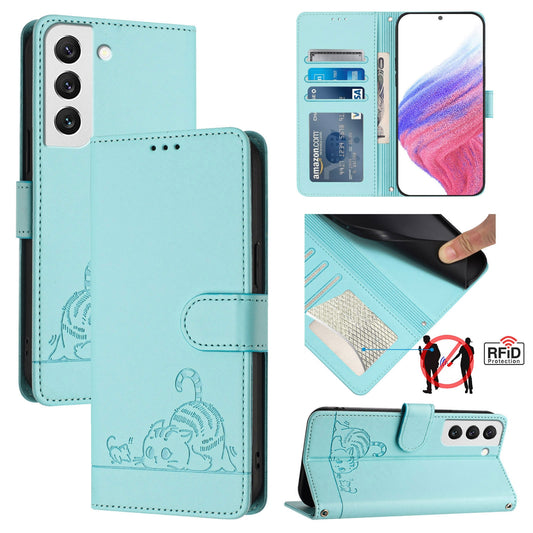 Samsung Galaxy S22 5G Cat and Rat Embossed Pattern, RFID Leather Phone Case with Lanyard, Kickstand, and Wallet Features