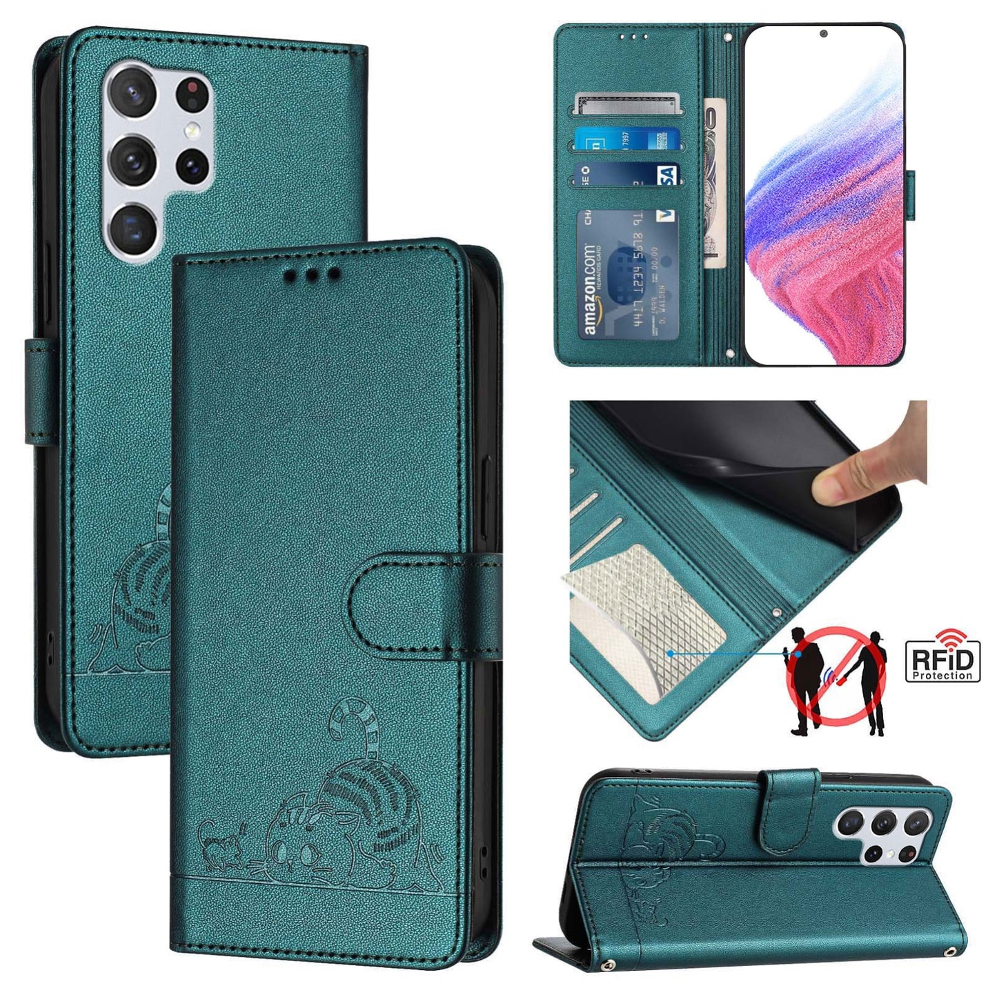 Samsung Galaxy S22 Ultra 5G Cat and Rat Embossed Pattern, RFID Leather Phone Case with Lanyard, Kickstand, and Wallet Features