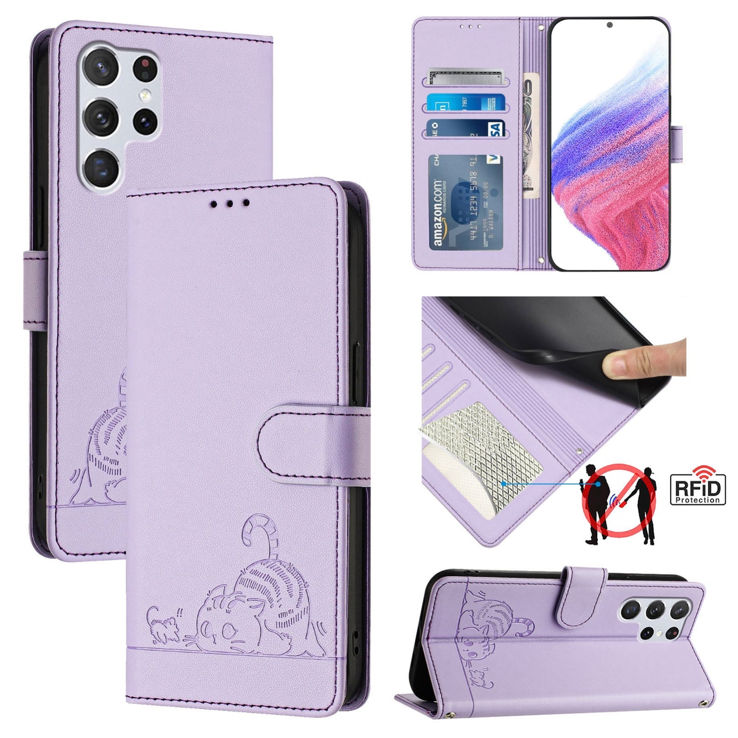 Samsung Galaxy S22 Ultra 5G Cat and Rat Embossed Pattern, RFID Leather Phone Case with Lanyard, Kickstand, and Wallet Features