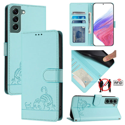 Samsung Galaxy S22+ 5G Cat and Rat Embossed Pattern, RFID Leather Phone Case with Lanyard, Kickstand, and Wallet Features