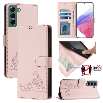 Samsung Galaxy S22+ 5G Cat and Rat Embossed Pattern, RFID Leather Phone Case with Lanyard, Kickstand, and Wallet Features