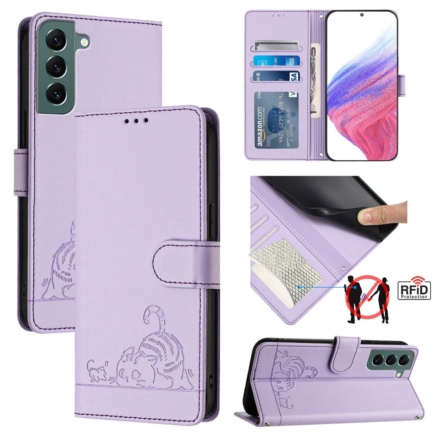 Samsung Galaxy S22+ 5G Cat and Rat Embossed Pattern, RFID Leather Phone Case with Lanyard, Kickstand, and Wallet Features