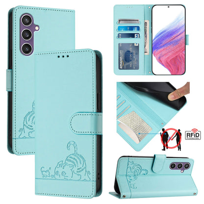 Samsung Galaxy S23 FE 5G Cat and Rat Embossed Pattern, RFID Leather Phone Case with Lanyard, Kickstand, and Wallet Features