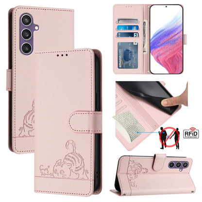 Samsung Galaxy S23 FE 5G Cat and Rat Embossed Pattern, RFID Leather Phone Case with Lanyard, Kickstand, and Wallet Features