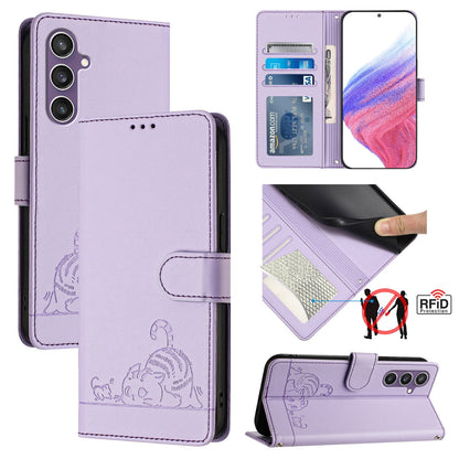 Samsung Galaxy S23 FE 5G Cat and Rat Embossed Pattern, RFID Leather Phone Case with Lanyard, Kickstand, and Wallet Features