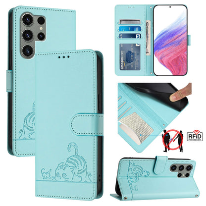 Samsung Galaxy S23 Ultra 5G Cat and Rat Embossed Pattern, RFID Leather Phone Case with Lanyard, Kickstand, and Wallet Features