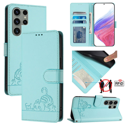 Samsung Galaxy S23 Ultra 5G Cat and Rat Embossed Pattern, RFID Leather Phone Case with Lanyard, Kickstand, and Wallet Features