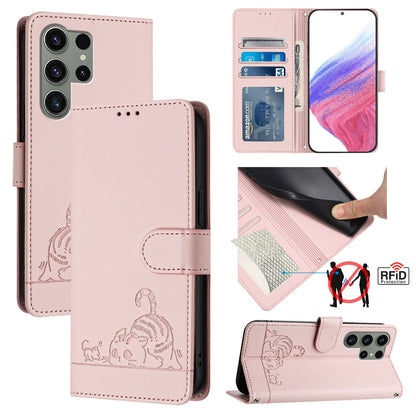 Samsung Galaxy S23 Ultra 5G Cat and Rat Embossed Pattern, RFID Leather Phone Case with Lanyard, Kickstand, and Wallet Features