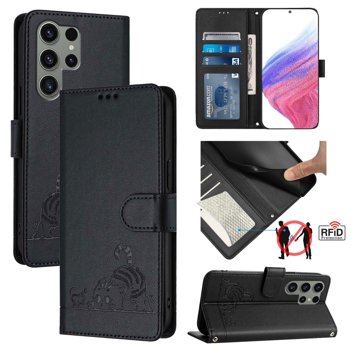 Samsung Galaxy S23 Ultra 5G Cat and Rat Embossed Pattern, RFID Leather Phone Case with Lanyard, Kickstand, and Wallet Features