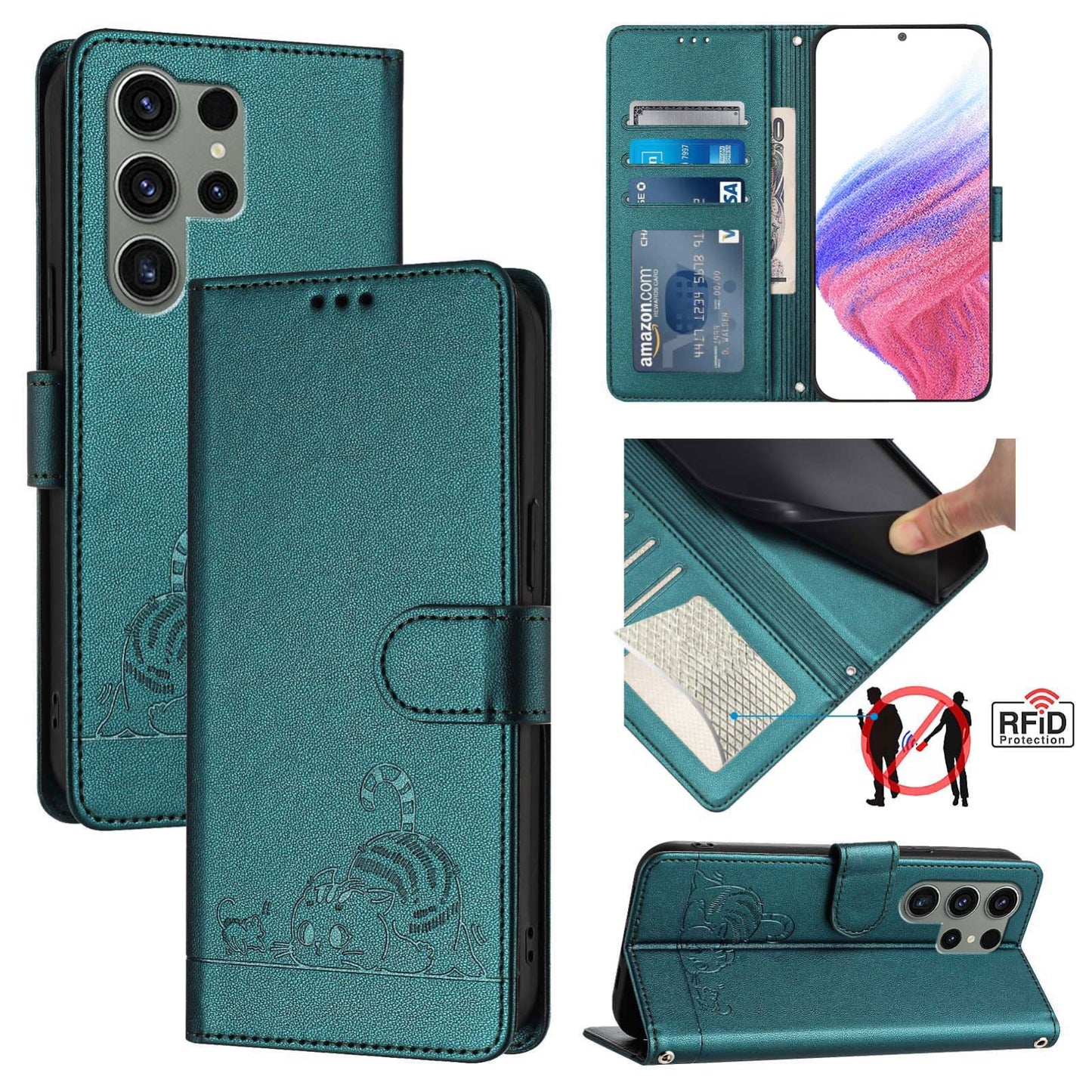 Samsung Galaxy S23 Ultra 5G Cat and Rat Embossed Pattern, RFID Leather Phone Case with Lanyard, Kickstand, and Wallet Features