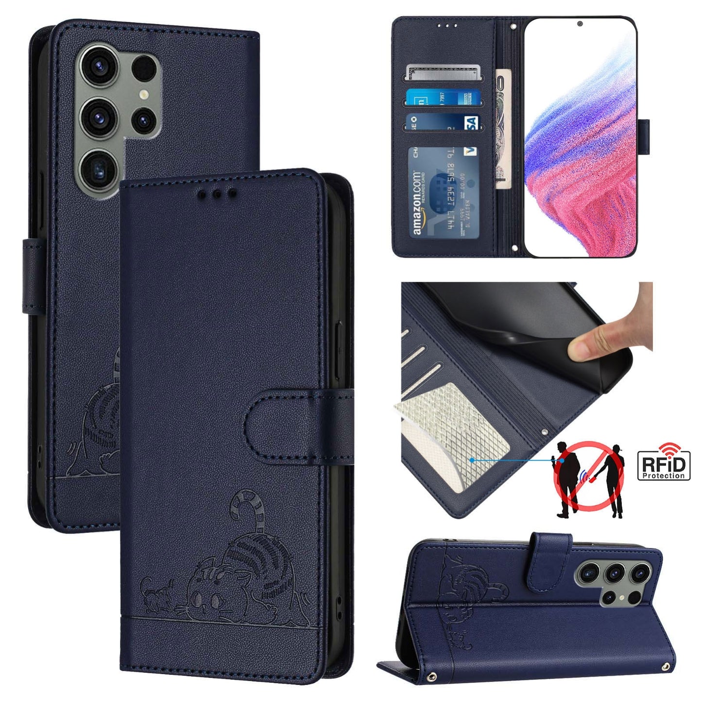 Samsung Galaxy S23 Ultra 5G Cat and Rat Embossed Pattern, RFID Leather Phone Case with Lanyard, Kickstand, and Wallet Features