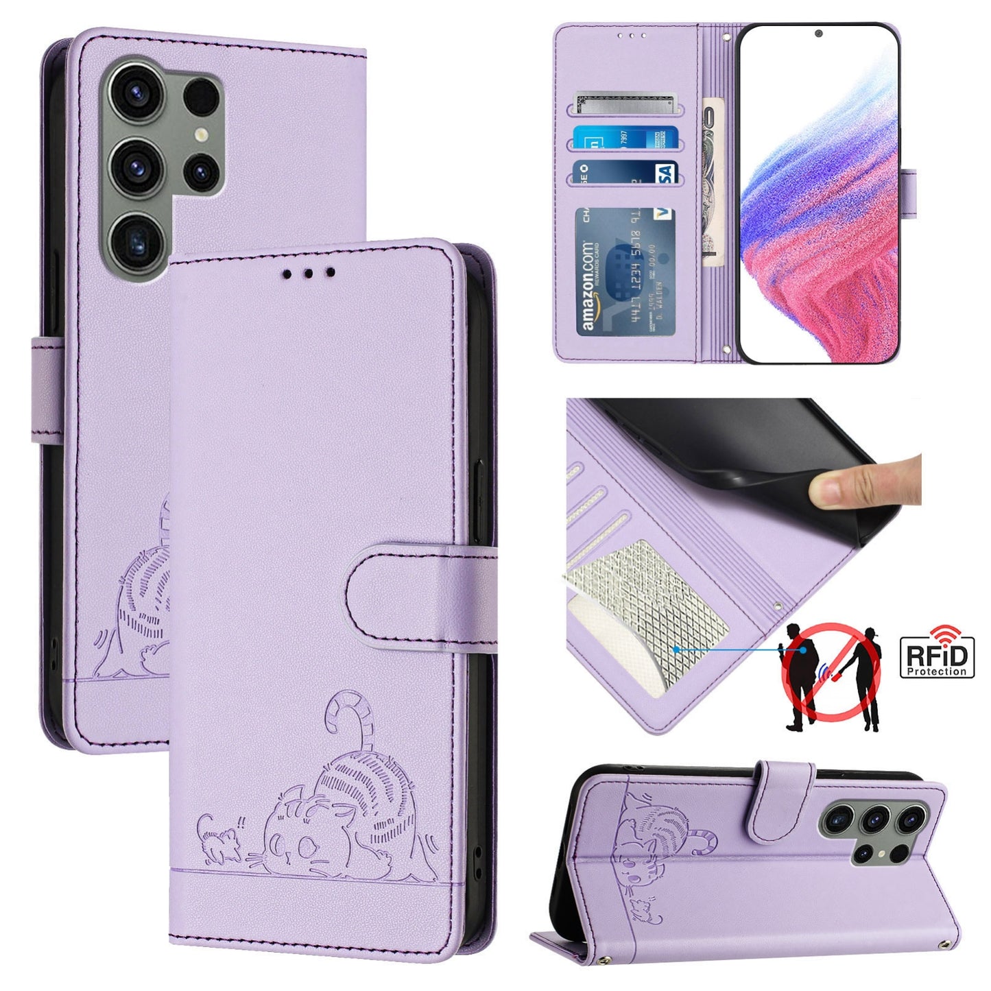 Samsung Galaxy S23 Ultra 5G Cat and Rat Embossed Pattern, RFID Leather Phone Case with Lanyard, Kickstand, and Wallet Features