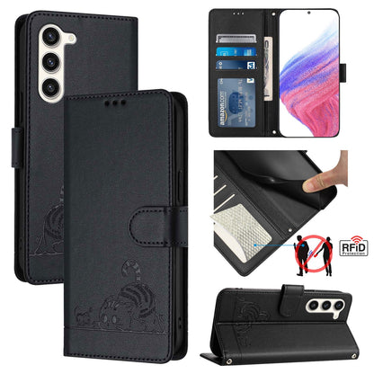 Samsung Galaxy S23+ 5G Cat and Rat Embossed Pattern, RFID Leather Phone Case with Lanyard, Kickstand, and Wallet Features