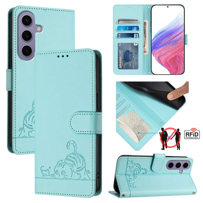 Samsung Galaxy S24 5G Cat and Rat Embossed Pattern, RFID Leather Phone Case with Lanyard, Kickstand, and Wallet Features