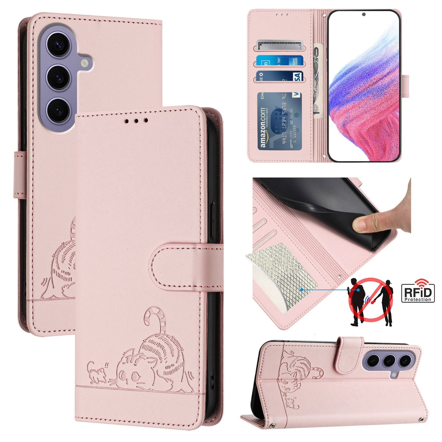 Samsung Galaxy S24 5G Cat and Rat Embossed Pattern, RFID Leather Phone Case with Lanyard, Kickstand, and Wallet Features